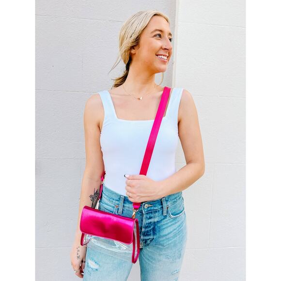 Tatum Convertible Clear Sling Belt Crossbody Bag Metallic Fuchsia - Picture 2 of 6